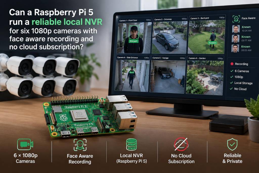 Can a raspberry pi 5 run a reliable local NVR for six 1080p cameras with face-aware recording and no cloud subscription